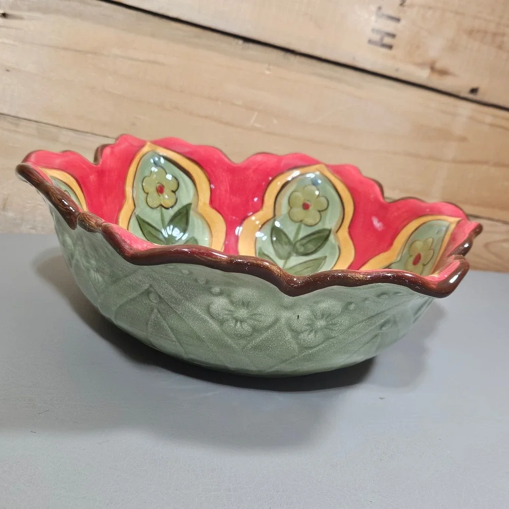 Pier 1 Imports Carynthum Hand Painted Earthenware Floral Serving Bowl